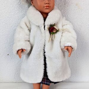 Vintage 1996 Fibre-Craft White Fur Coat And  Floral Brooch Fits 18"-20" Dolls
